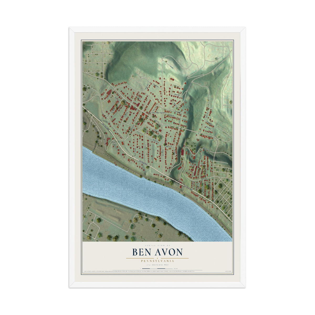 Map of Ben Avon, Pennsylvania, 12 x 18 inch print in a white wood frame