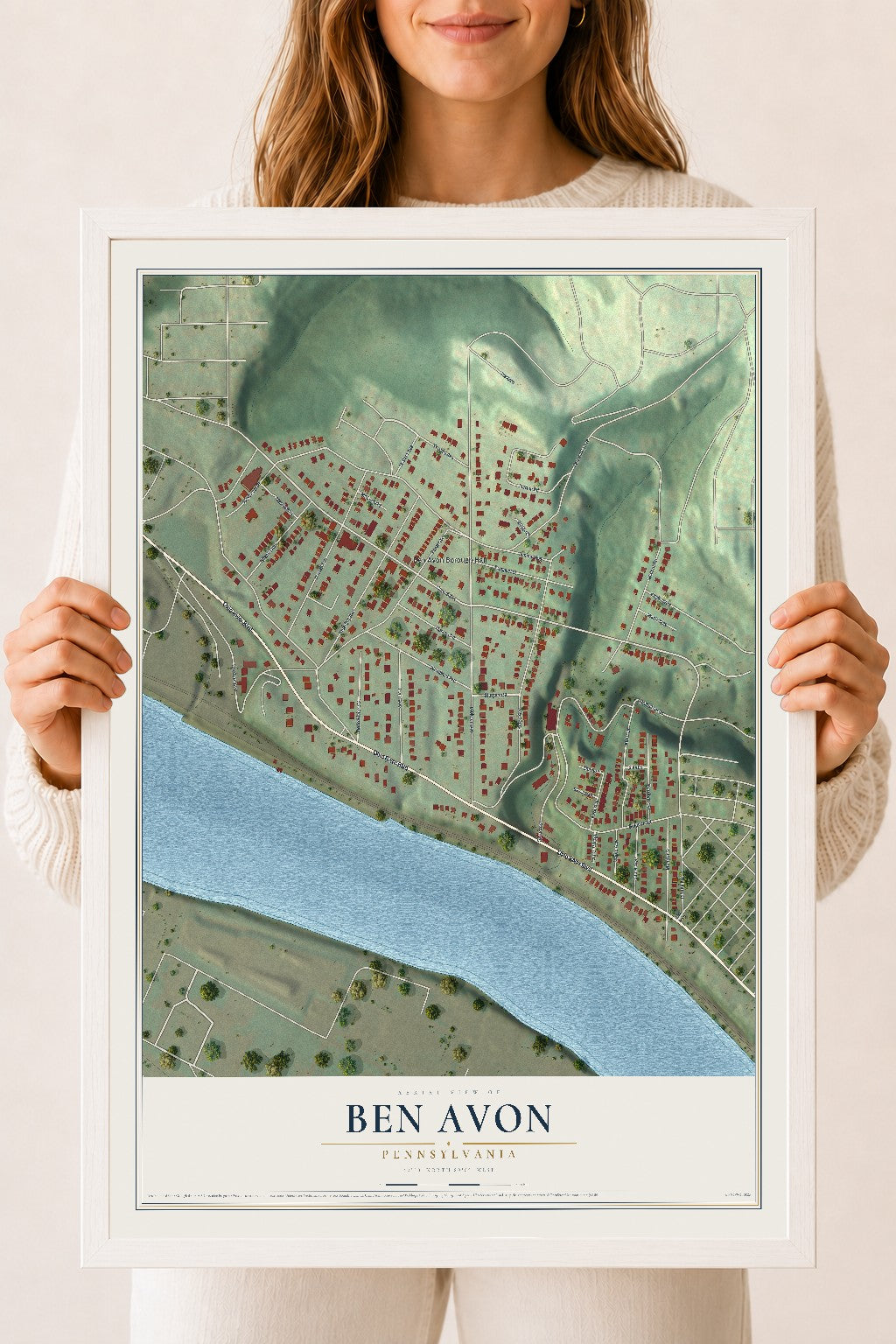 Map of Ben Avon, Pennsylvania, 18 x 24 inch print in a white wood frame