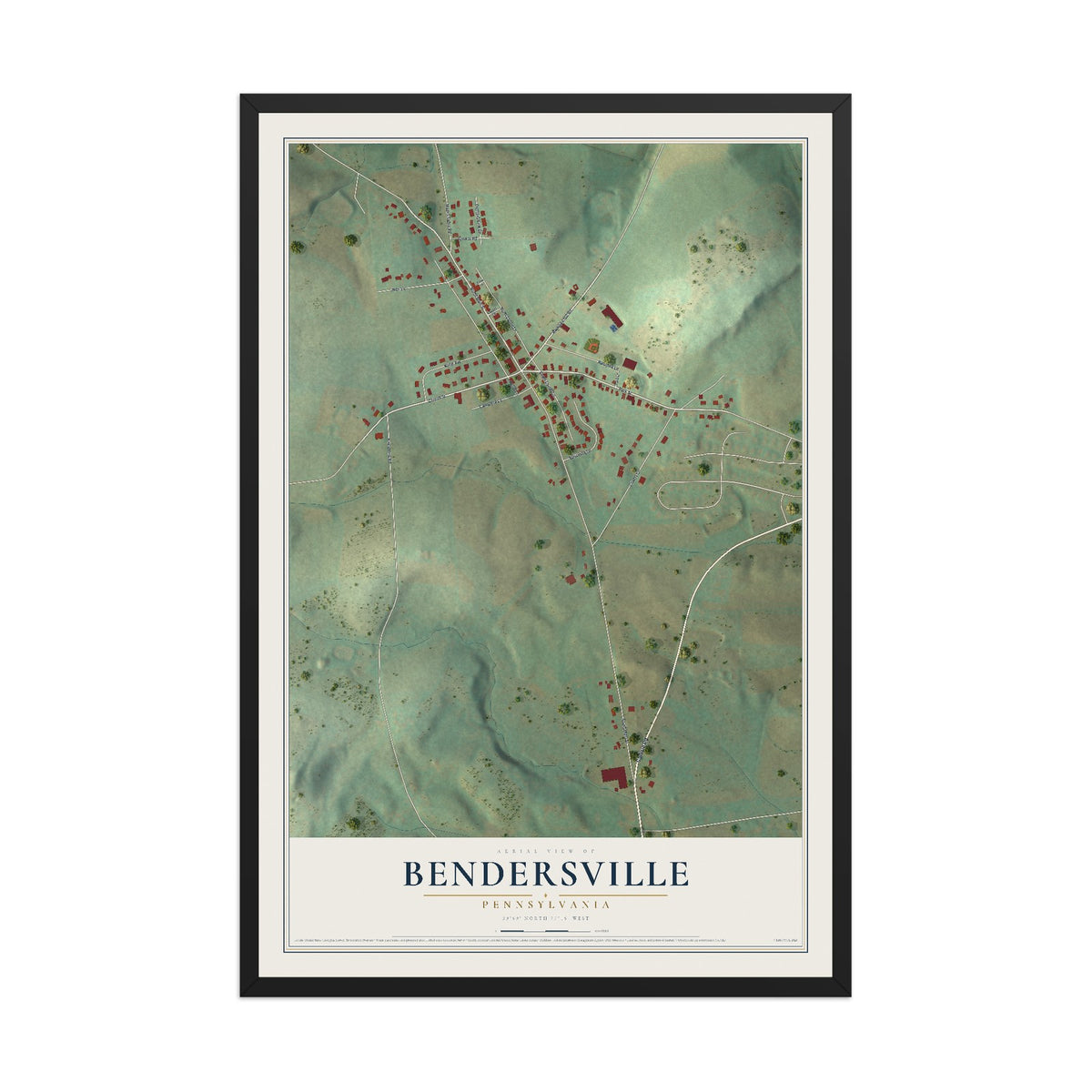 Map of Bendersville, Pennsylvania, 12 x 18 inch print in a black wood frame