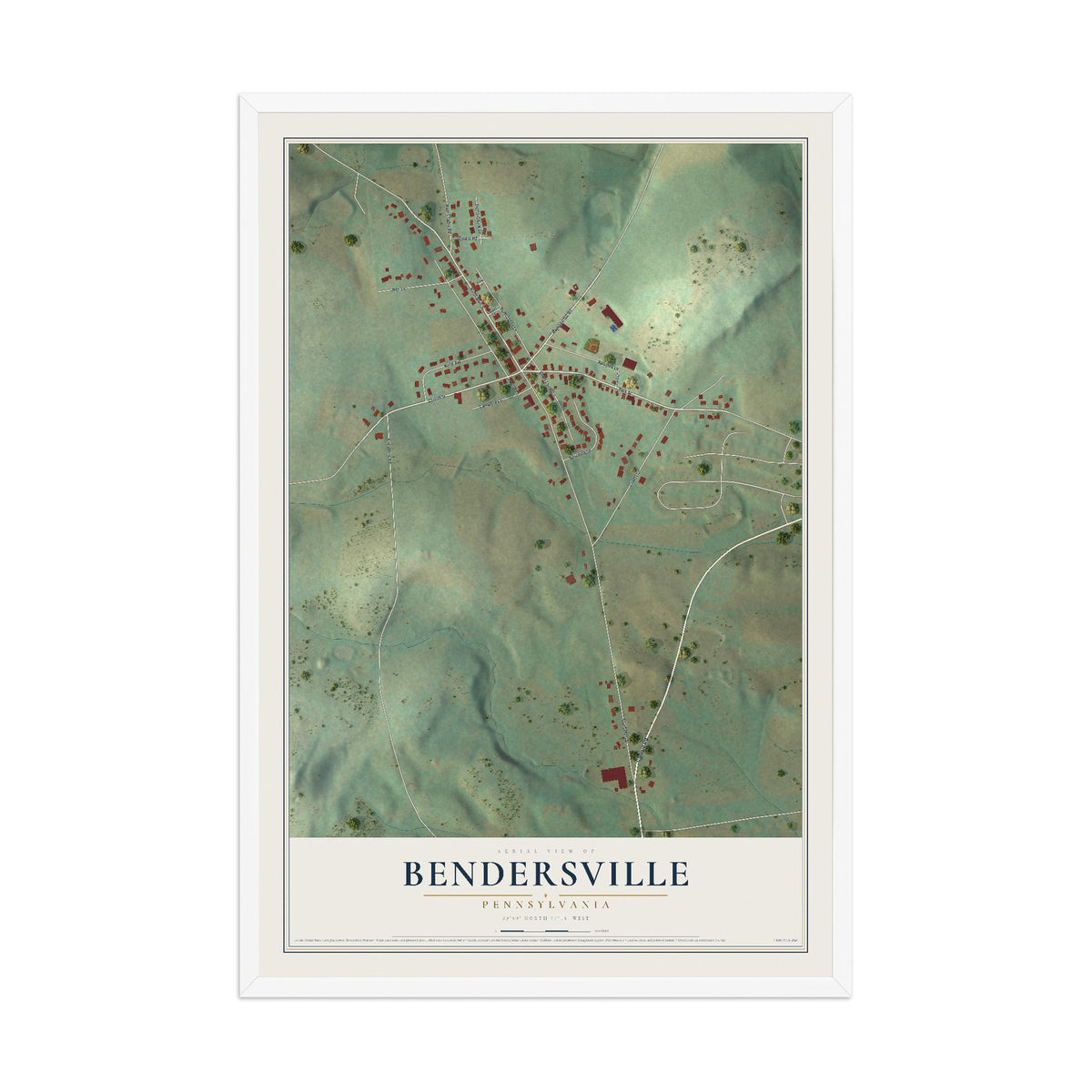 Map of Bendersville, Pennsylvania, 12 x 18 inch print in a white wood frame