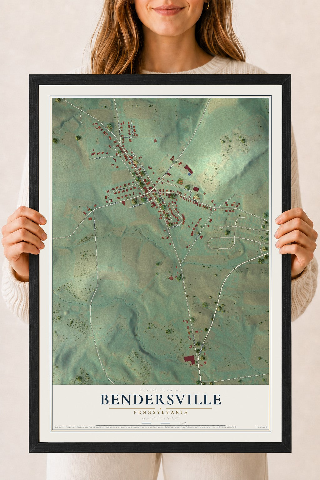 Map of Bendersville, Pennsylvania, 18 x 24 inch print in a black wood frame