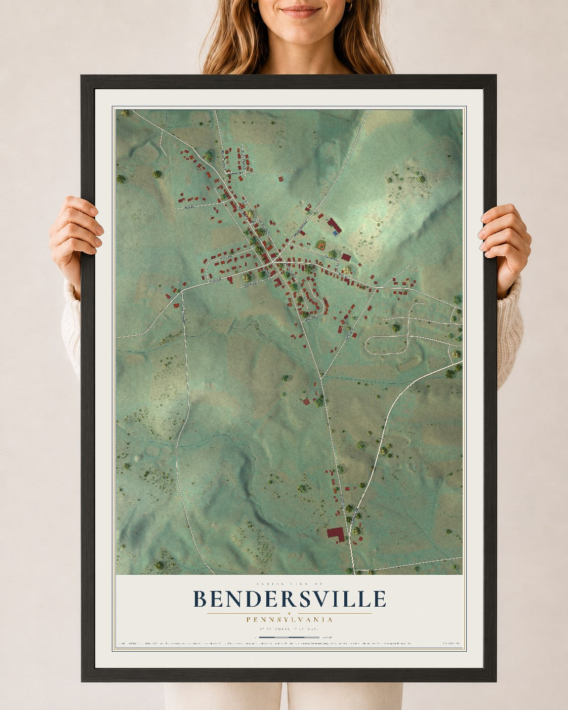 Map of Bendersville, Pennsylvania, 24 x 36 inch print in a black wood frame