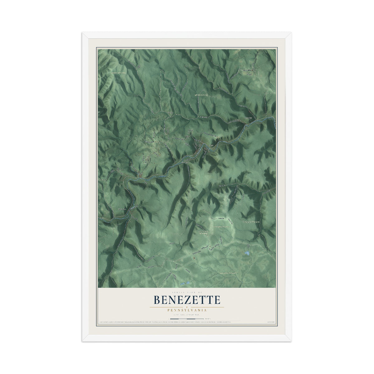 Map of Benezette, Pennsylvania, 12 x 18 inch print in a white wood frame