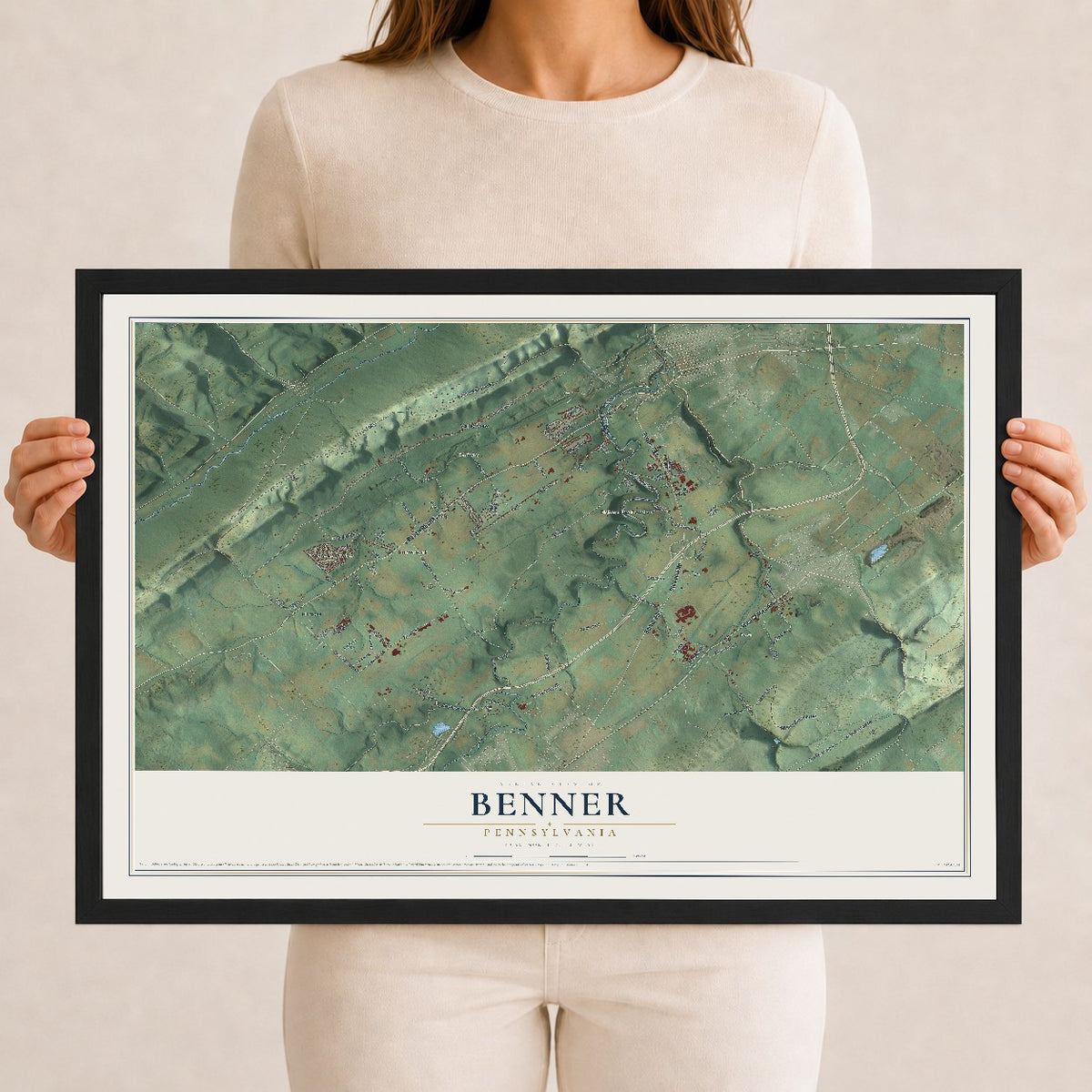 Map of Benner, Pennsylvania, 12 x 18 inch print in a black wood frame