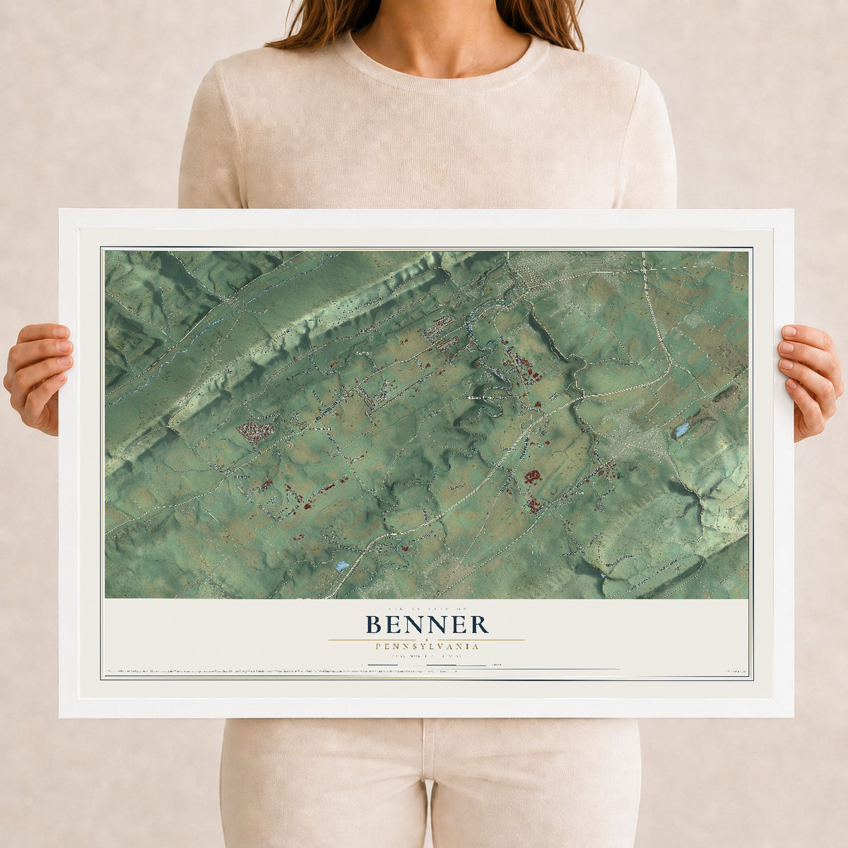 Map of Benner, Pennsylvania, 12 x 18 inch print in a white wood frame