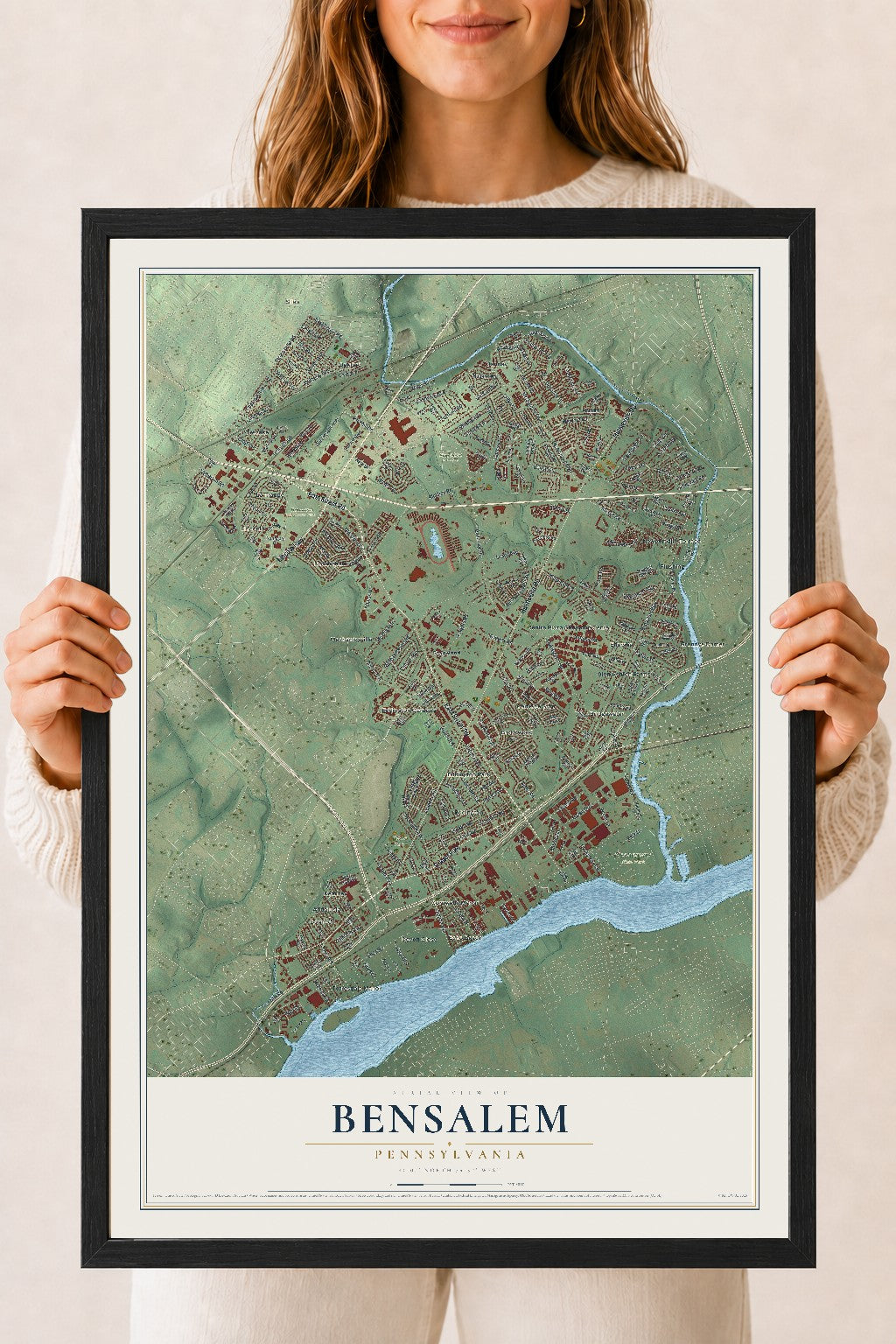 Map of Bensalem, Pennsylvania, 18 x 24 inch print in a black wood frame