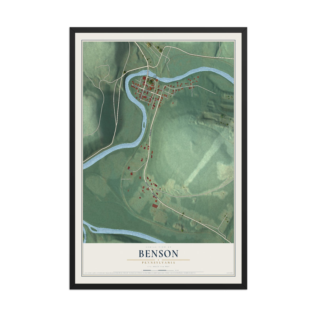 Map of Benson, Pennsylvania, 12 x 18 inch print in a black wood frame