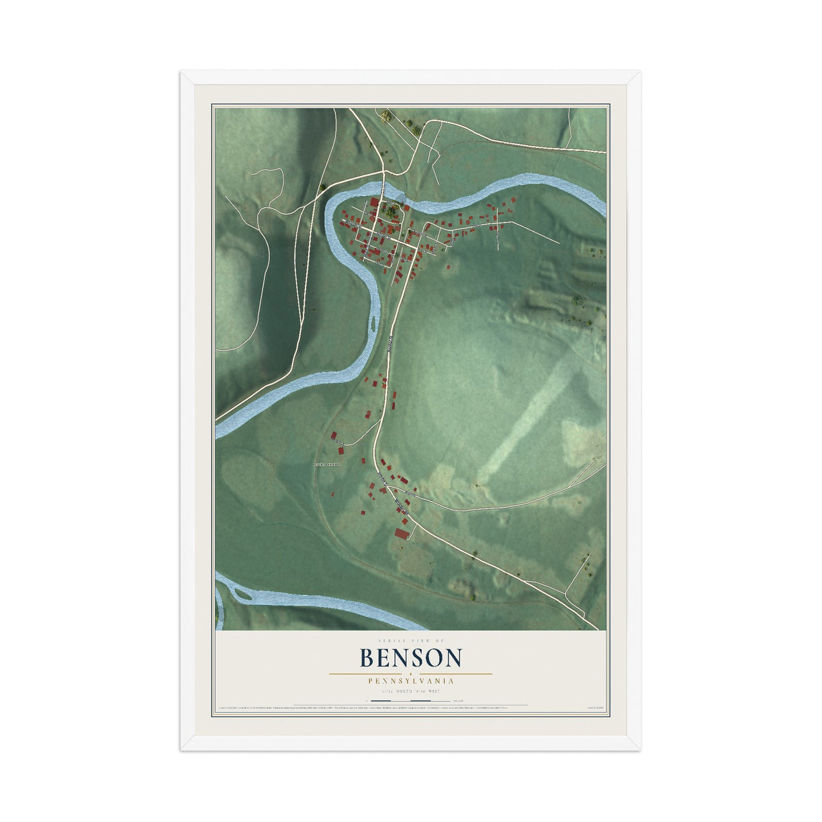Map of Benson, Pennsylvania, 12 x 18 inch print in a white wood frame