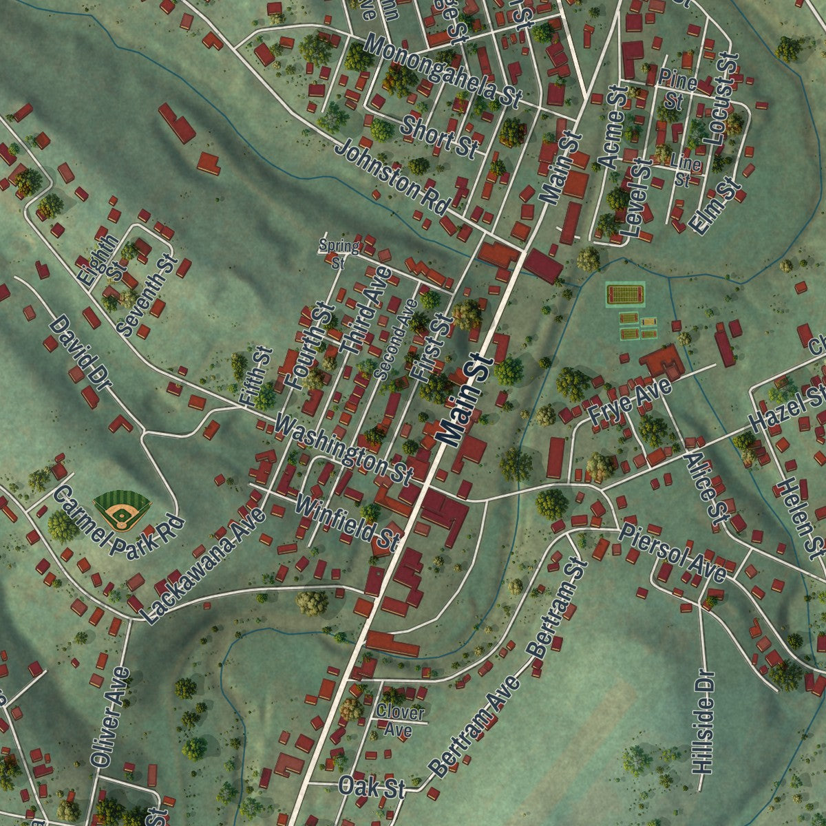 Close-up of the map of Bentleyville, Pennsylvania print showing street and building detail