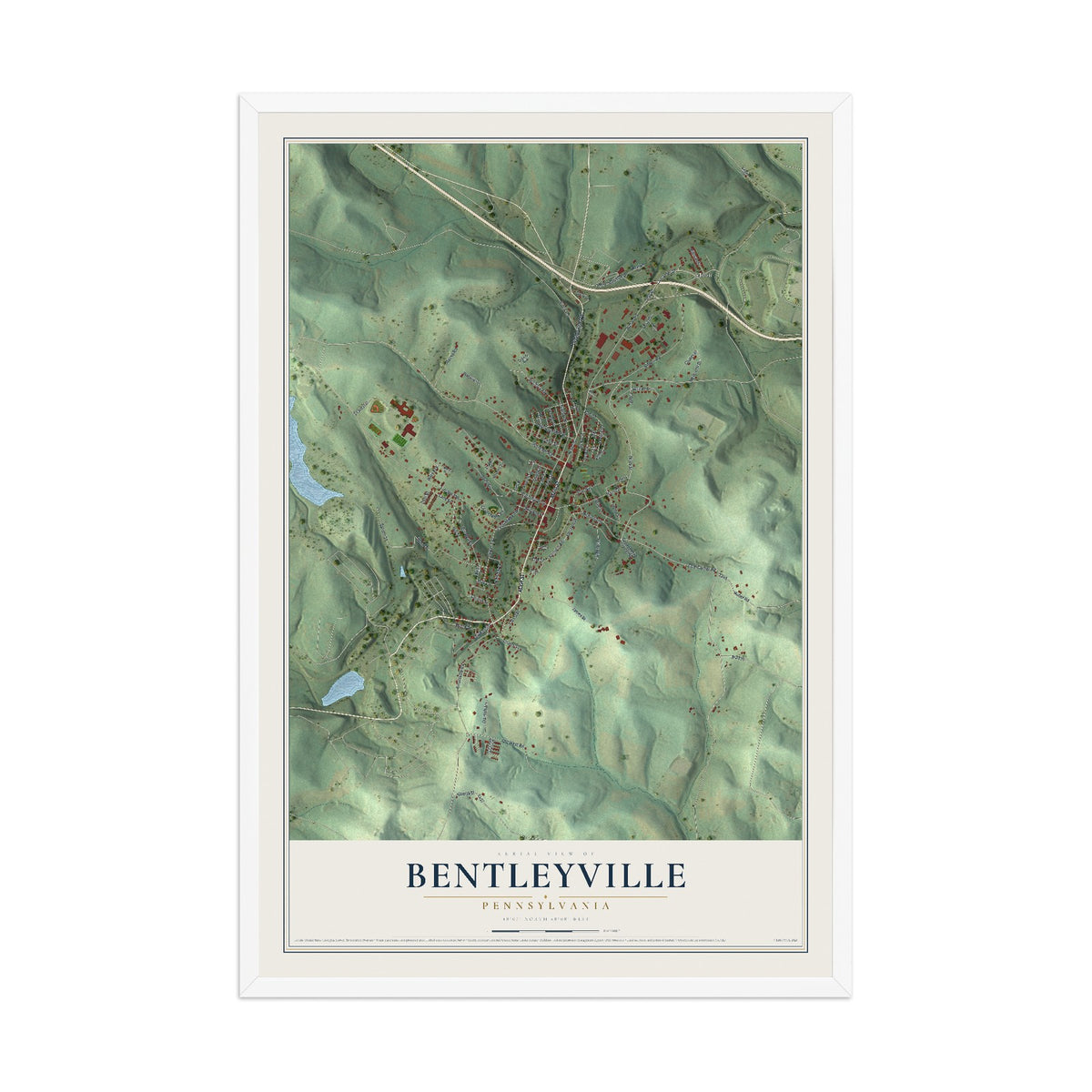 Map of Bentleyville, Pennsylvania, 12 x 18 inch print in a white wood frame