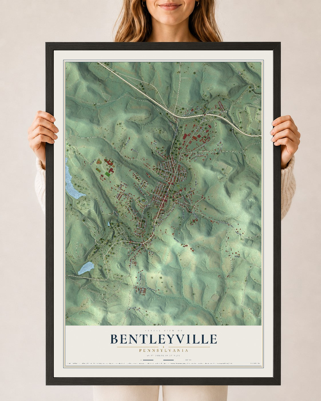 Map of Bentleyville, Pennsylvania, 24 x 36 inch print in a black wood frame