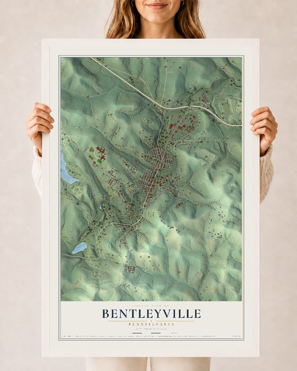 Map of Bentleyville, Pennsylvania, 24 x 36 inch print in a white wood frame