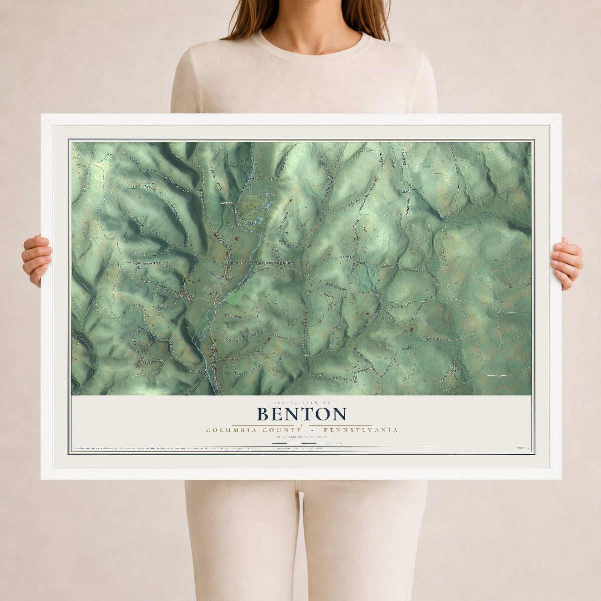 Map of Benton, Columbia County, Pennsylvania, 24 x 36 inch print in a white wood frame