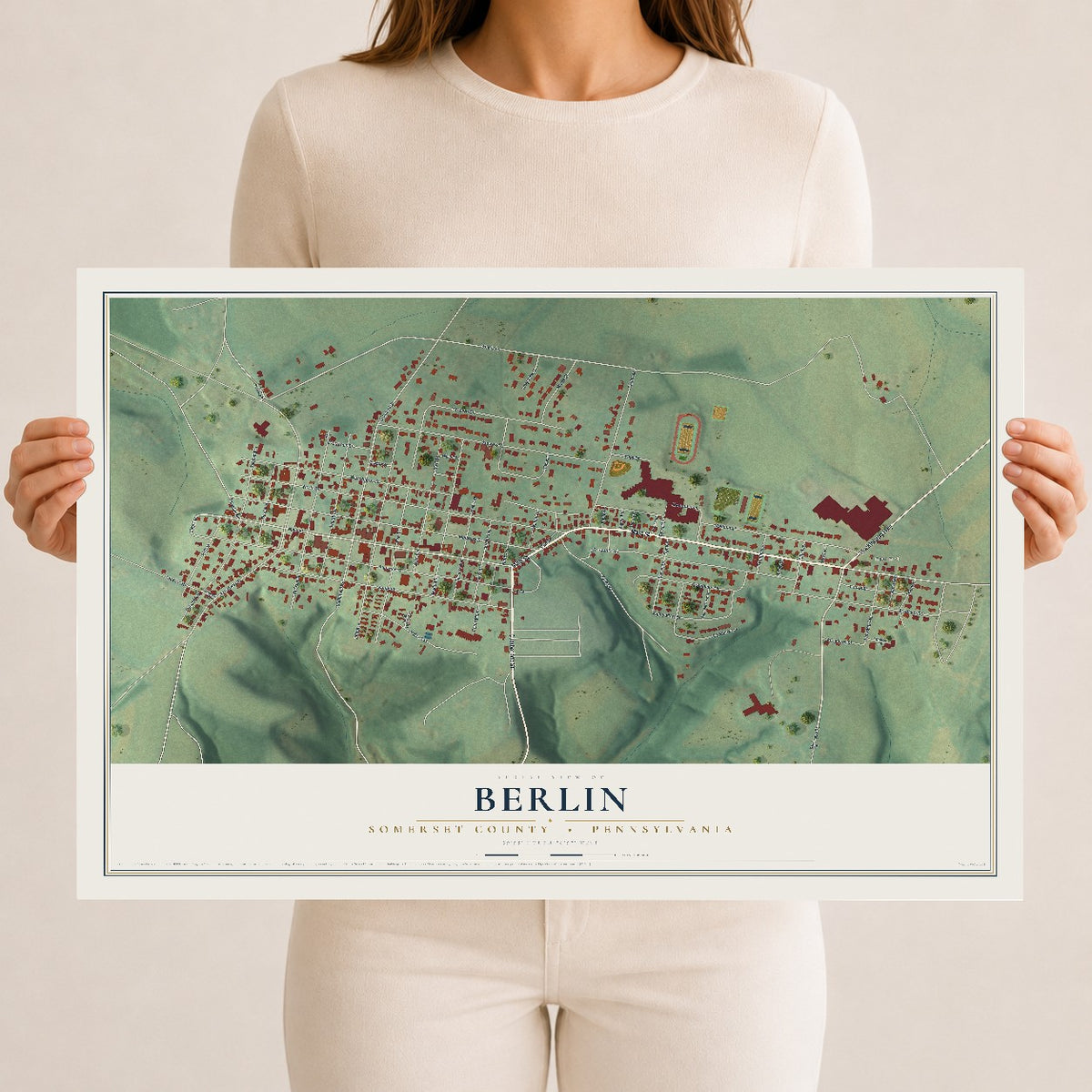 Map of Berlin, Somerset County, Pennsylvania, 12 x 18 inch unframed archival matte print