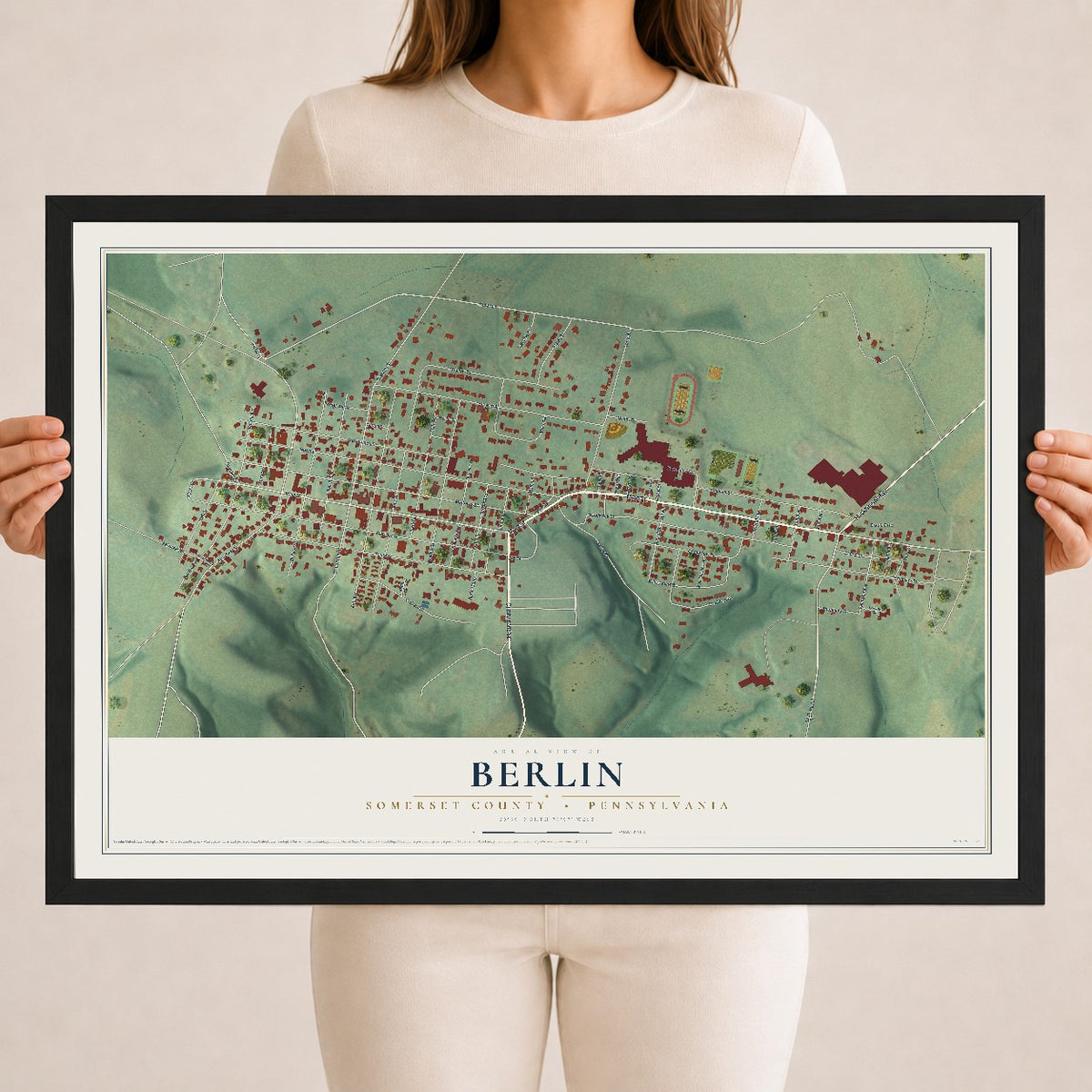 Map of Berlin, Somerset County, Pennsylvania, 18 x 24 inch print in a black wood frame