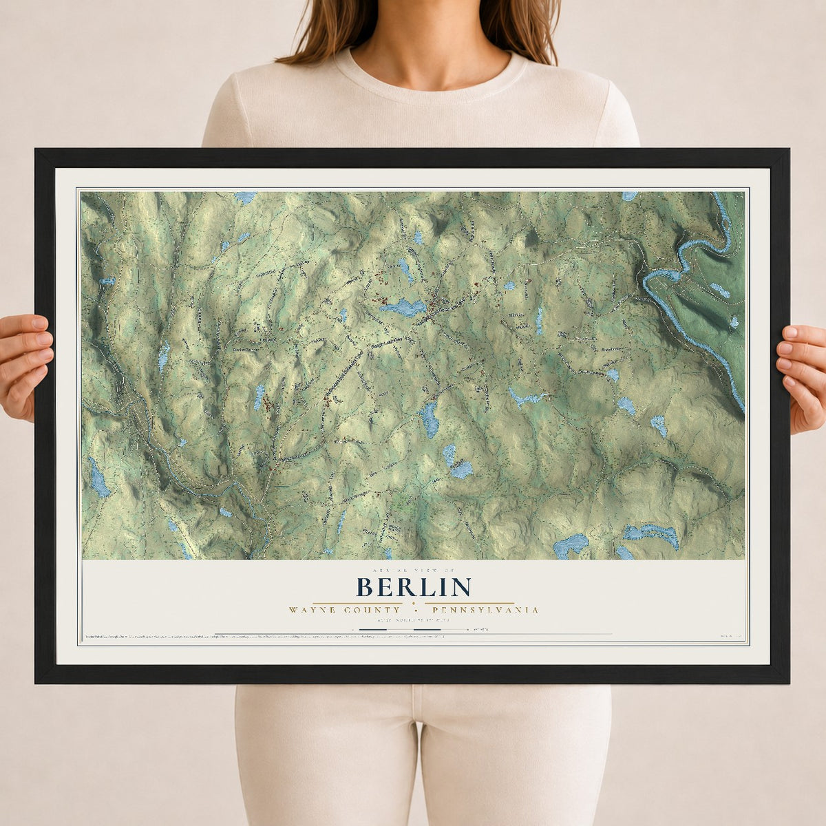 Map of Berlin, Wayne County, Pennsylvania, 18 x 24 inch print in a black wood frame