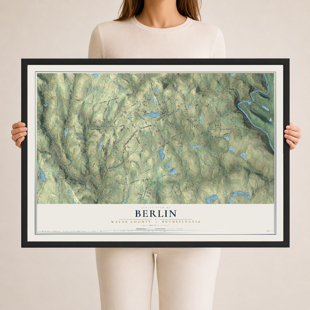 Map of Berlin, Wayne County, Pennsylvania, 24 x 36 inch print in a black wood frame