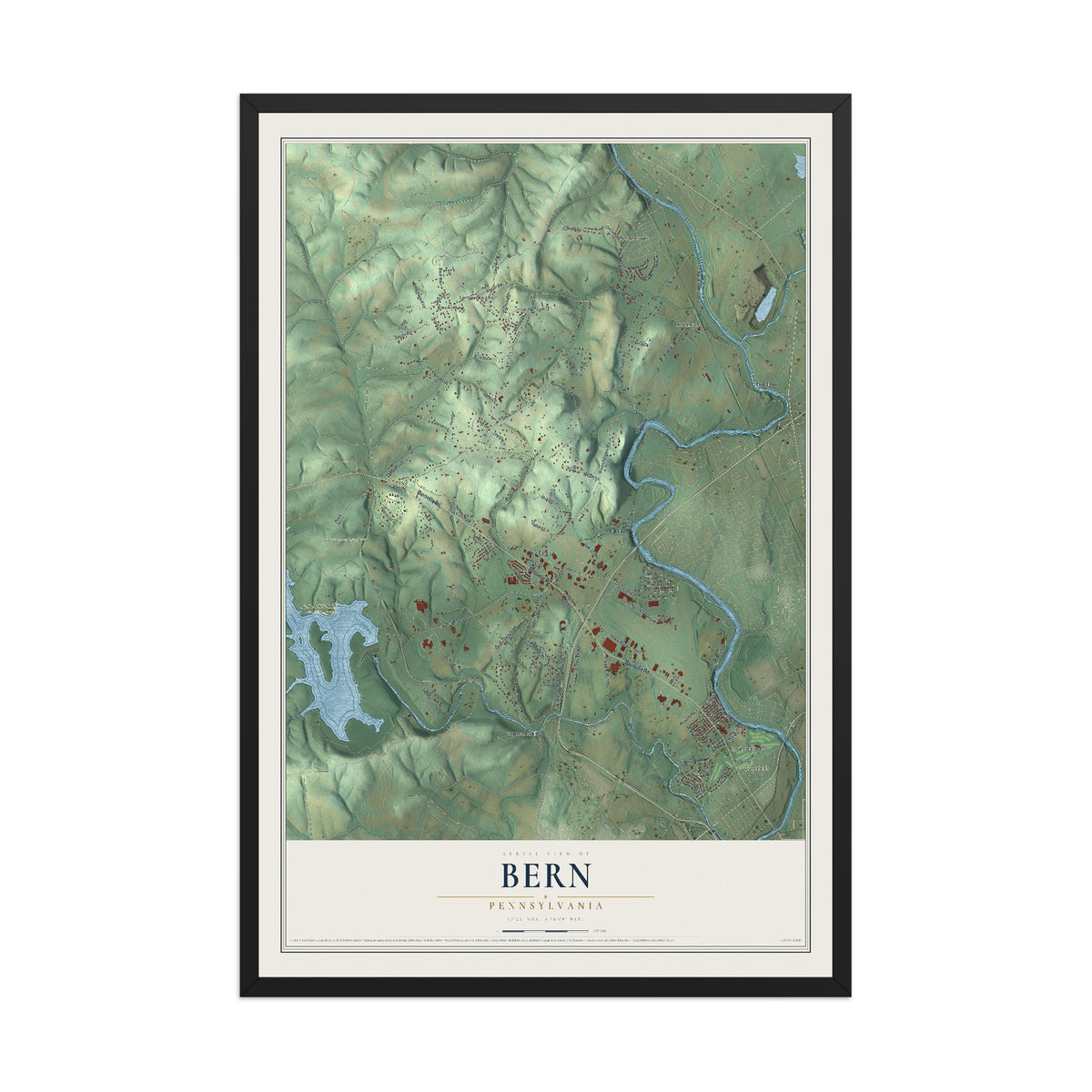 Map of Bern, Pennsylvania, 12 x 18 inch print in a black wood frame