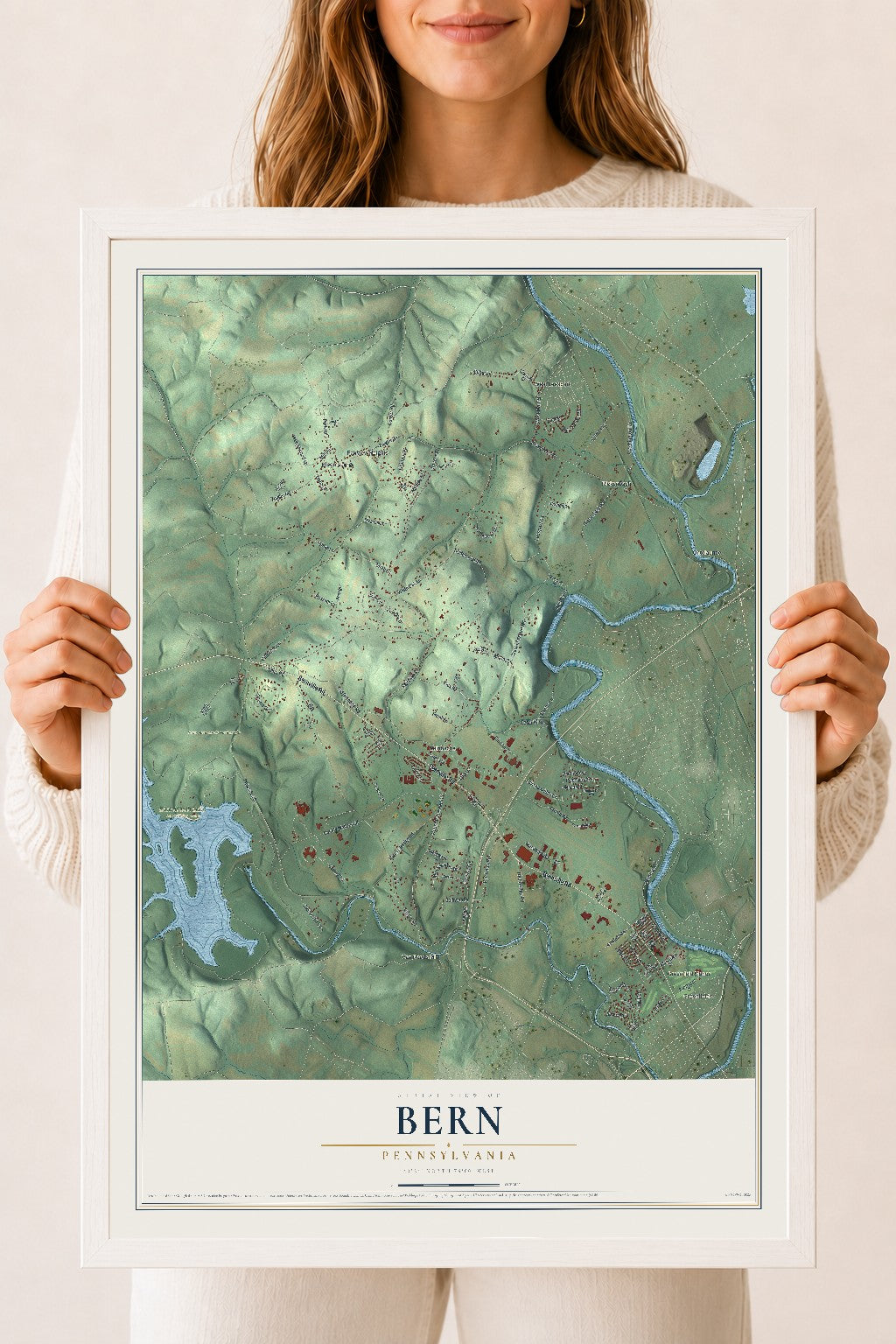 Map of Bern, Pennsylvania, 18 x 24 inch print in a white wood frame
