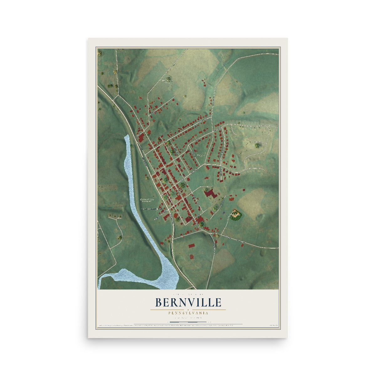 Map of Bernville, Pennsylvania, 12 x 18 inch unframed archival matte print
