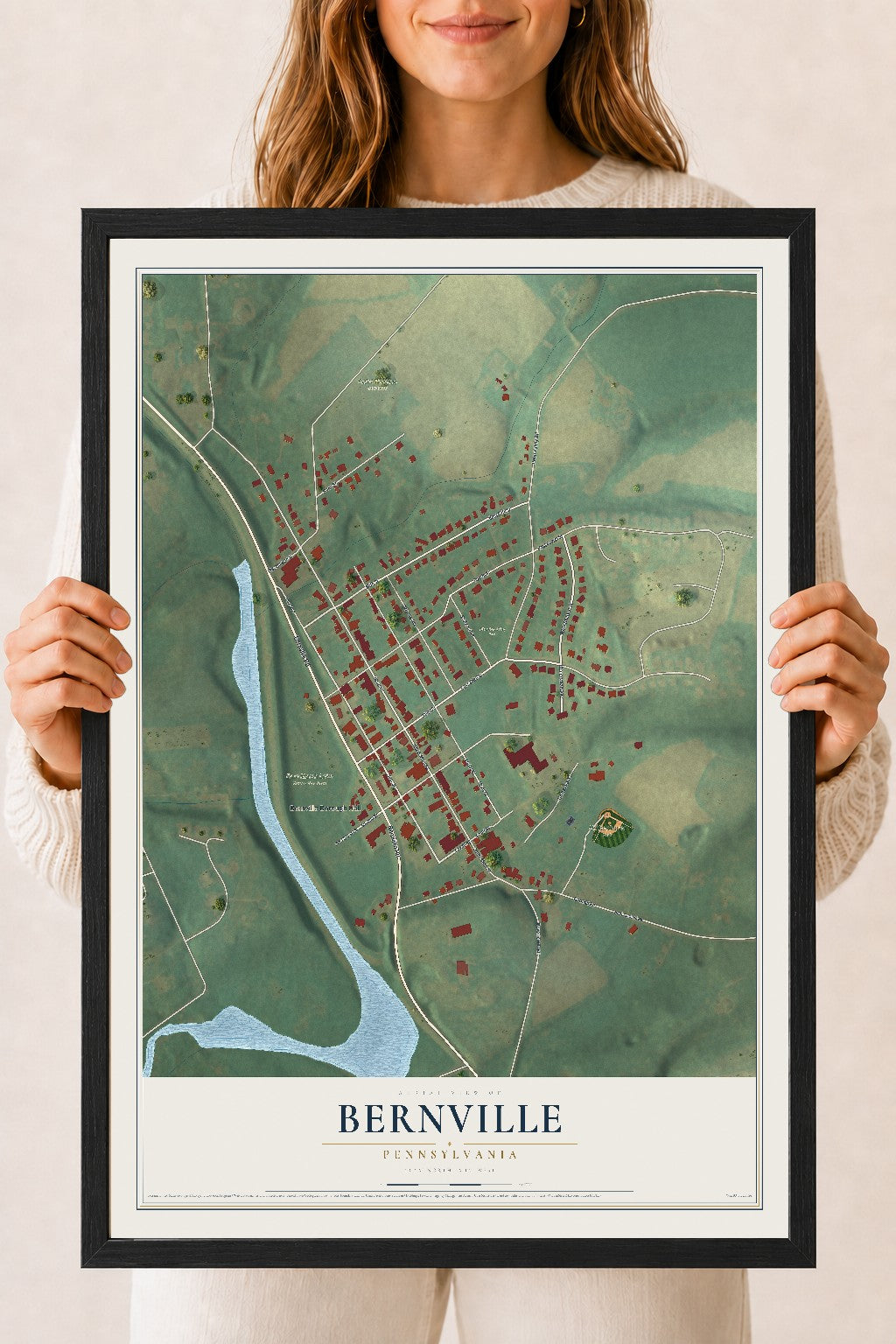 Map of Bernville, Pennsylvania, 18 x 24 inch print in a black wood frame