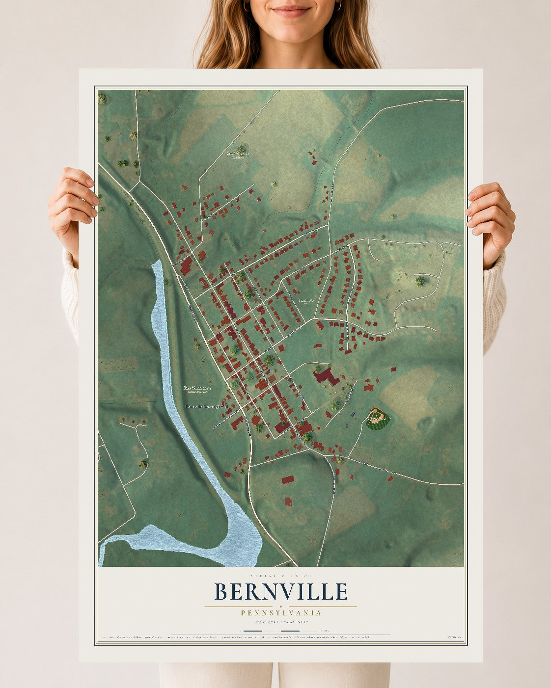 Map of Bernville, Pennsylvania, 24 x 36 inch unframed archival matte print