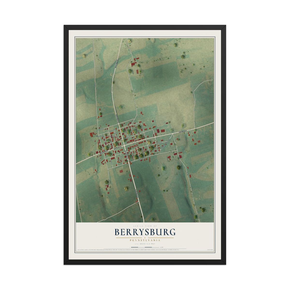 Map of Berrysburg, Pennsylvania, 12 x 18 inch print in a black wood frame