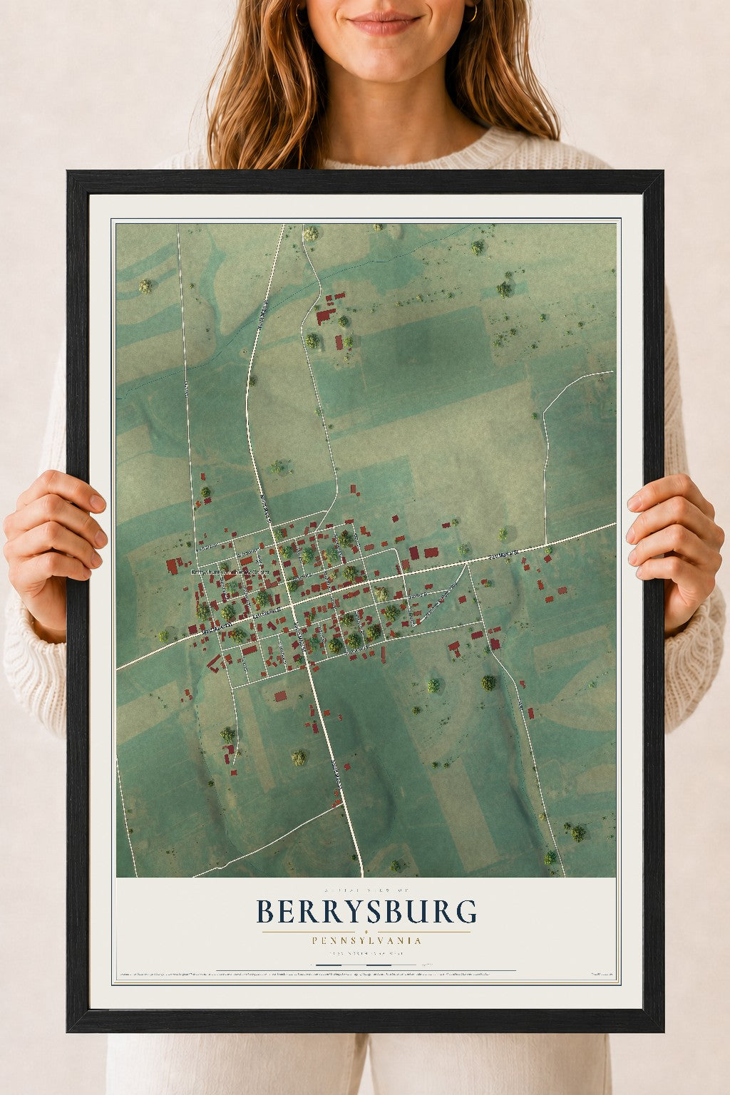 Map of Berrysburg, Pennsylvania, 18 x 24 inch print in a black wood frame