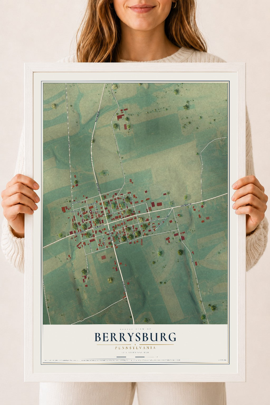 Map of Berrysburg, Pennsylvania, 18 x 24 inch print in a white wood frame