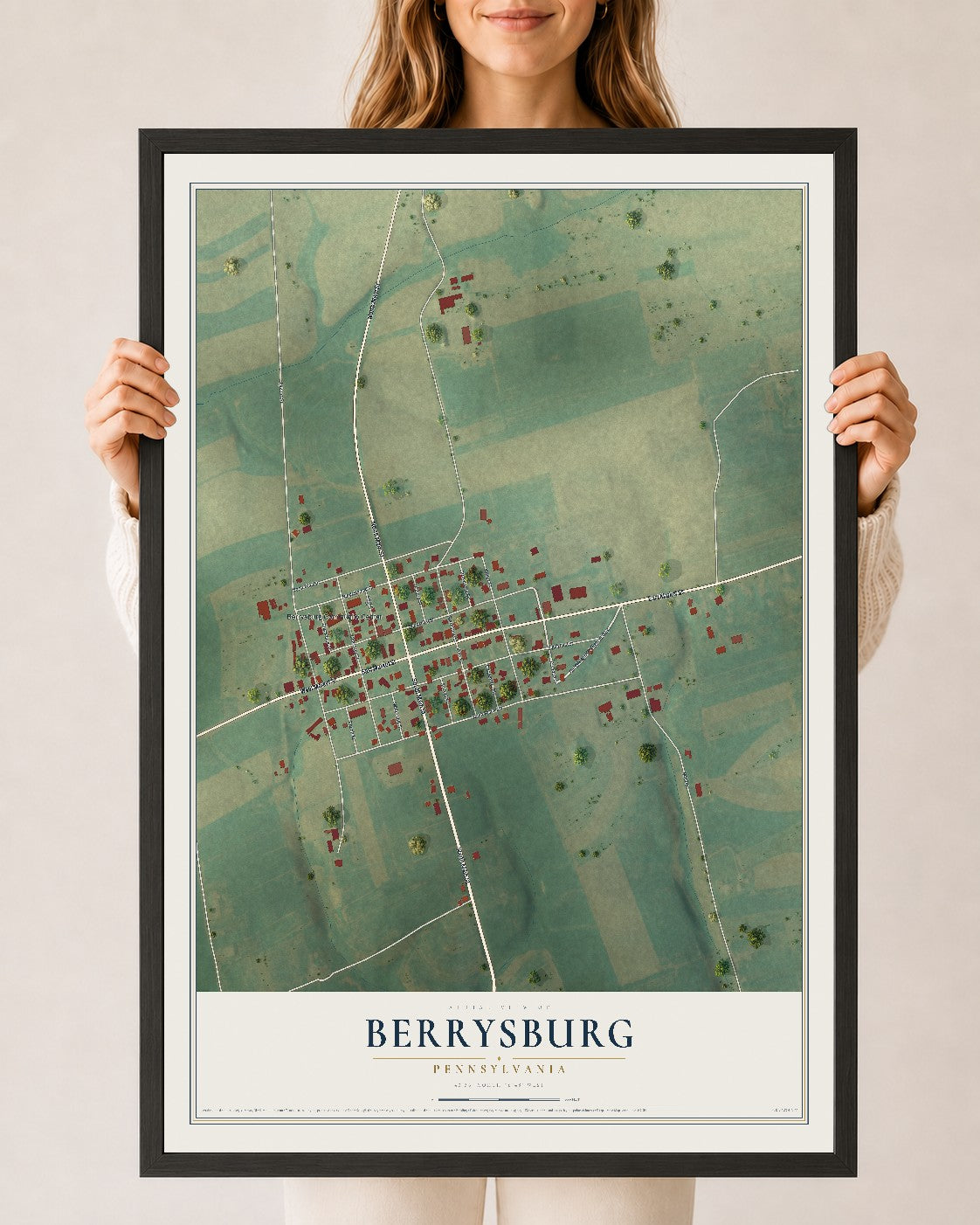 Map of Berrysburg, Pennsylvania, 24 x 36 inch print in a black wood frame