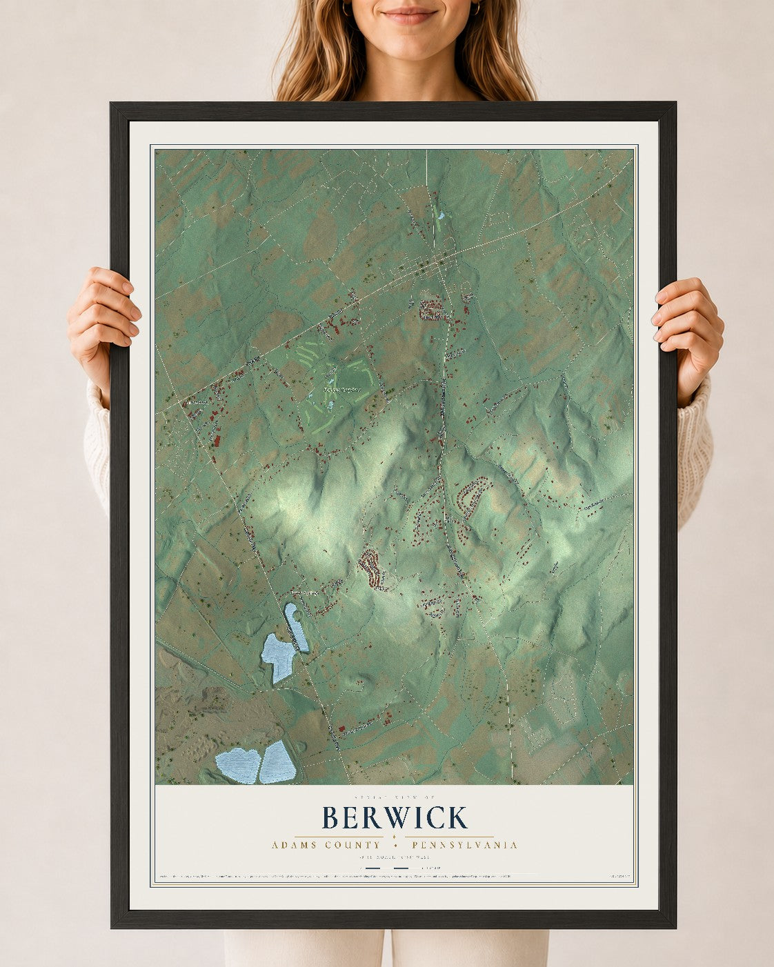 Map of Berwick, Adams County, Pennsylvania, 24 x 36 inch print in a black wood frame