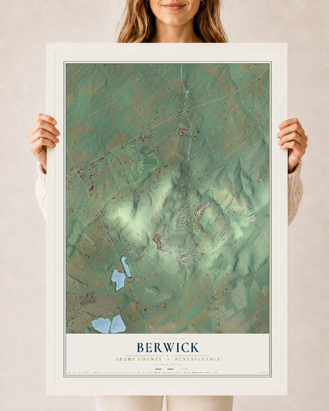 Map of Berwick, Adams County, Pennsylvania, 24 x 36 inch print in a white wood frame