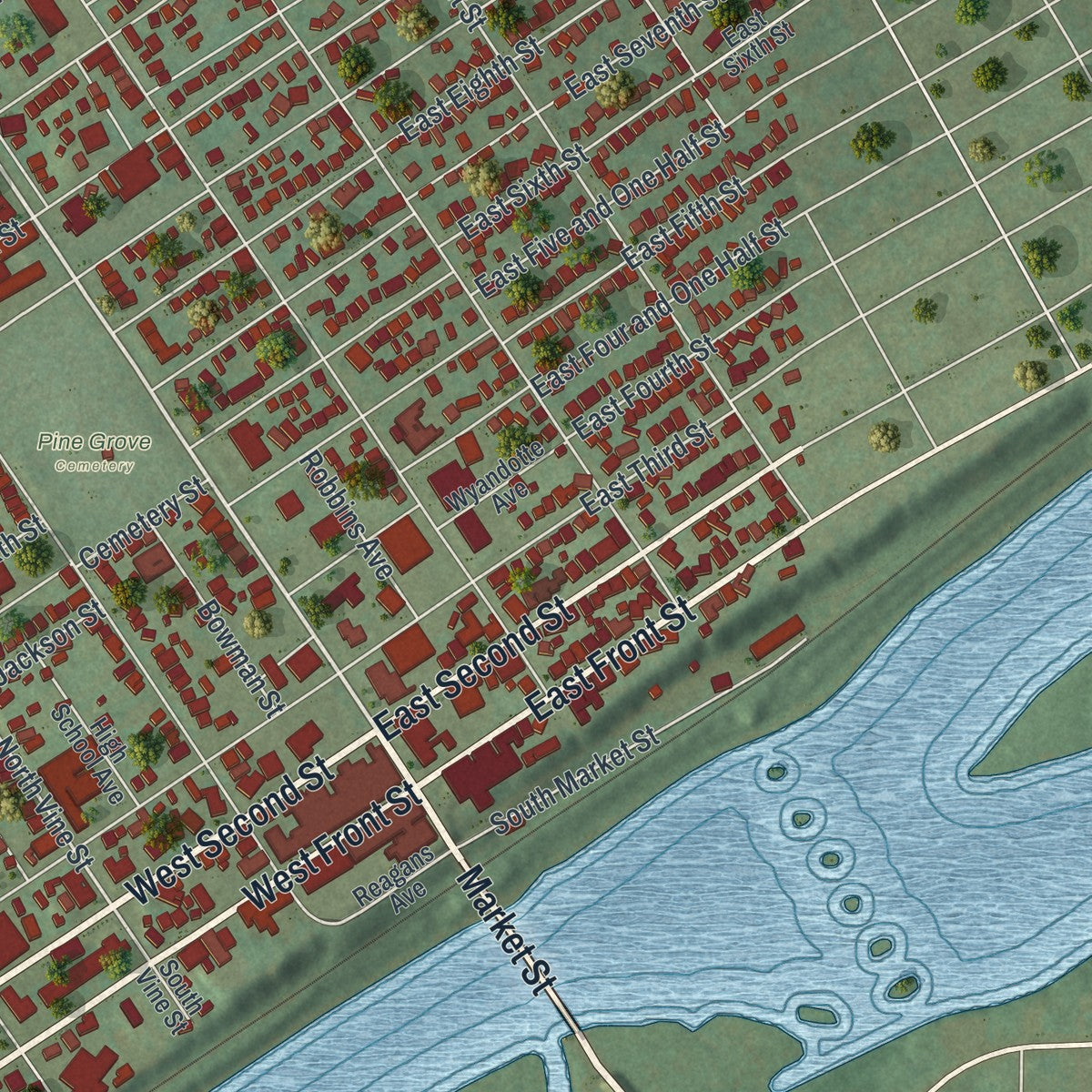 Close-up of the map of Berwick, Columbia County, Pennsylvania print showing street and building detail