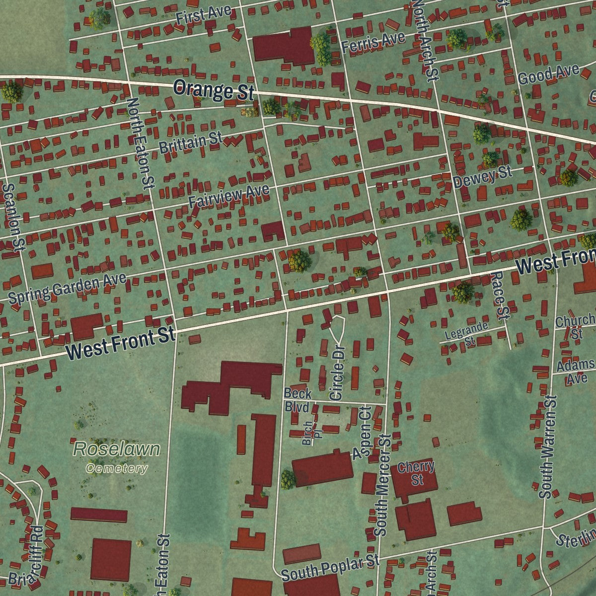 Second close-up of the map of Berwick, Columbia County, Pennsylvania print showing more streets and buildings