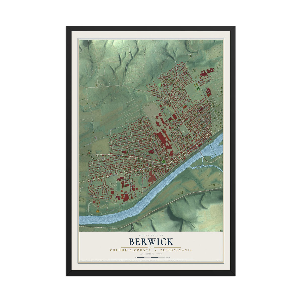 Map of Berwick, Columbia County, Pennsylvania, 12 x 18 inch print in a black wood frame
