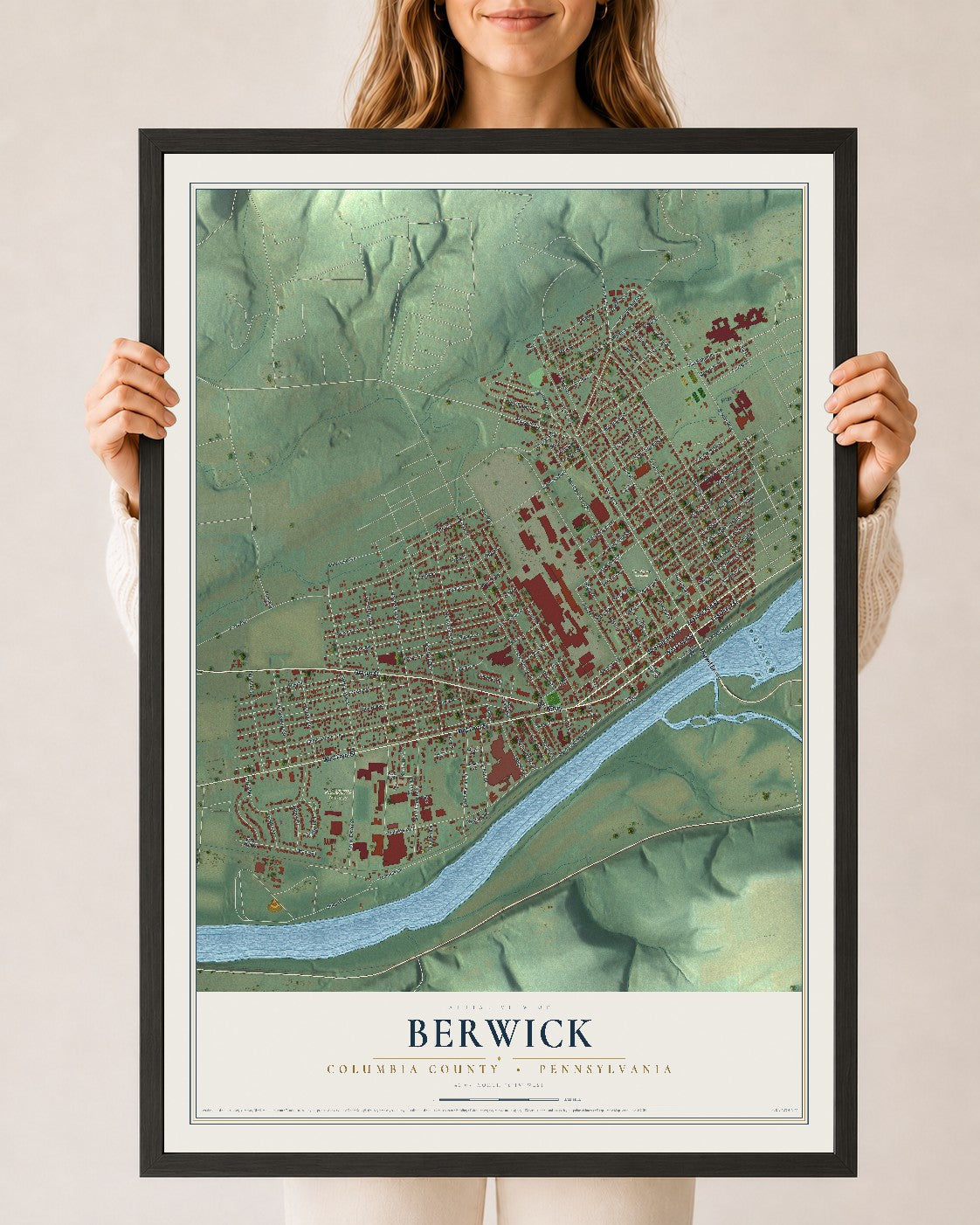 Map of Berwick, Columbia County, Pennsylvania, 24 x 36 inch print in a black wood frame