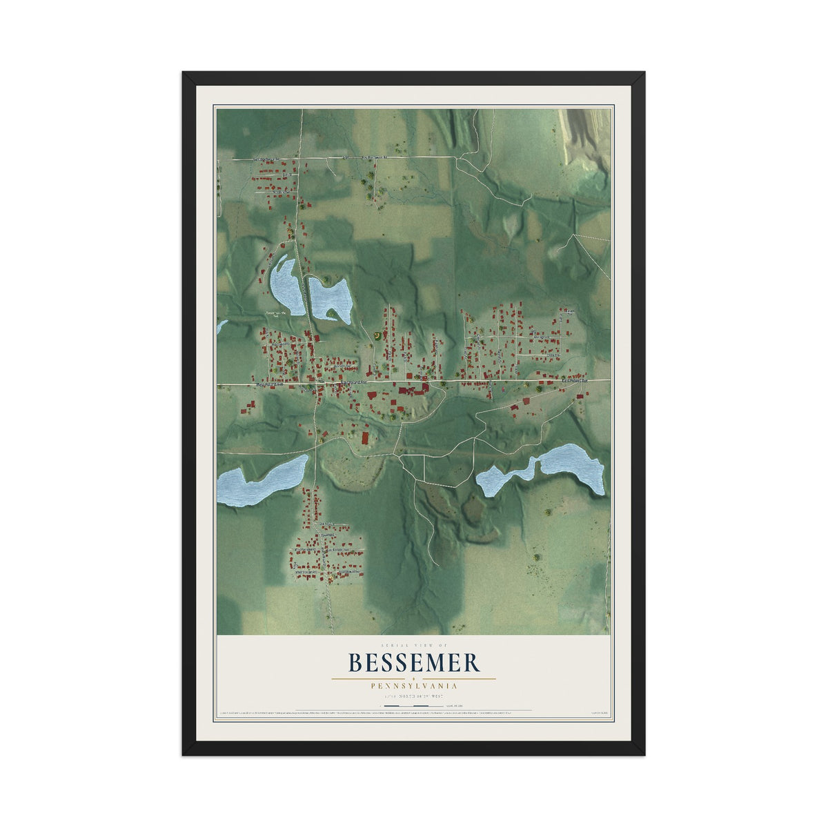 Map of Bessemer, Pennsylvania, 12 x 18 inch print in a black wood frame