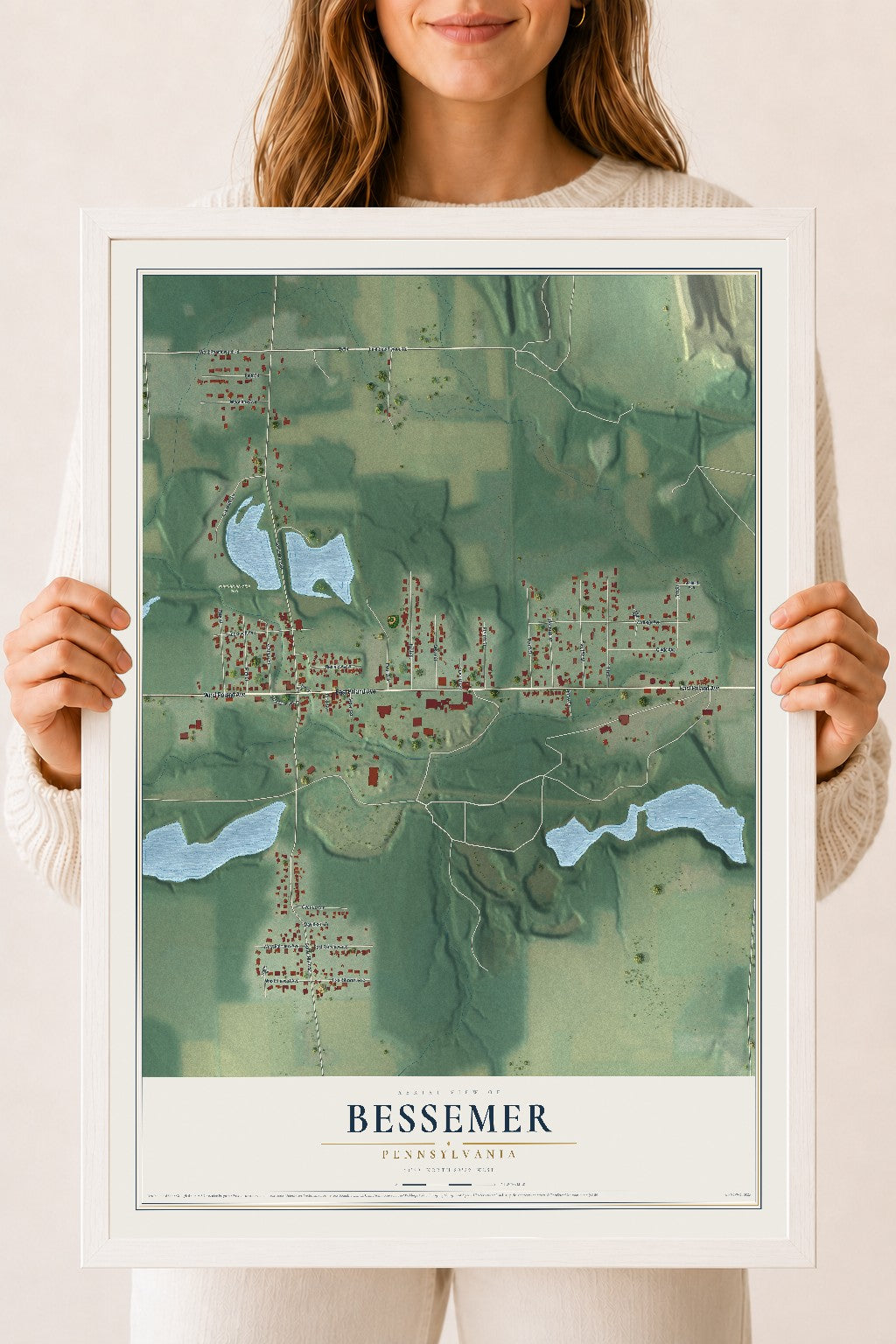 Map of Bessemer, Pennsylvania, 18 x 24 inch print in a white wood frame