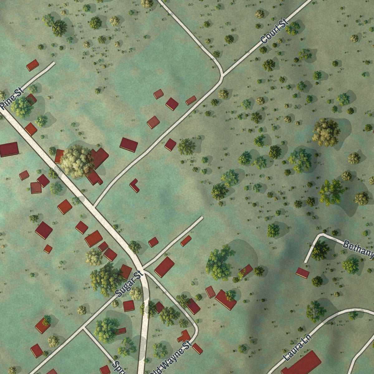 Close-up of the map of Bethany, Pennsylvania print showing street and building detail