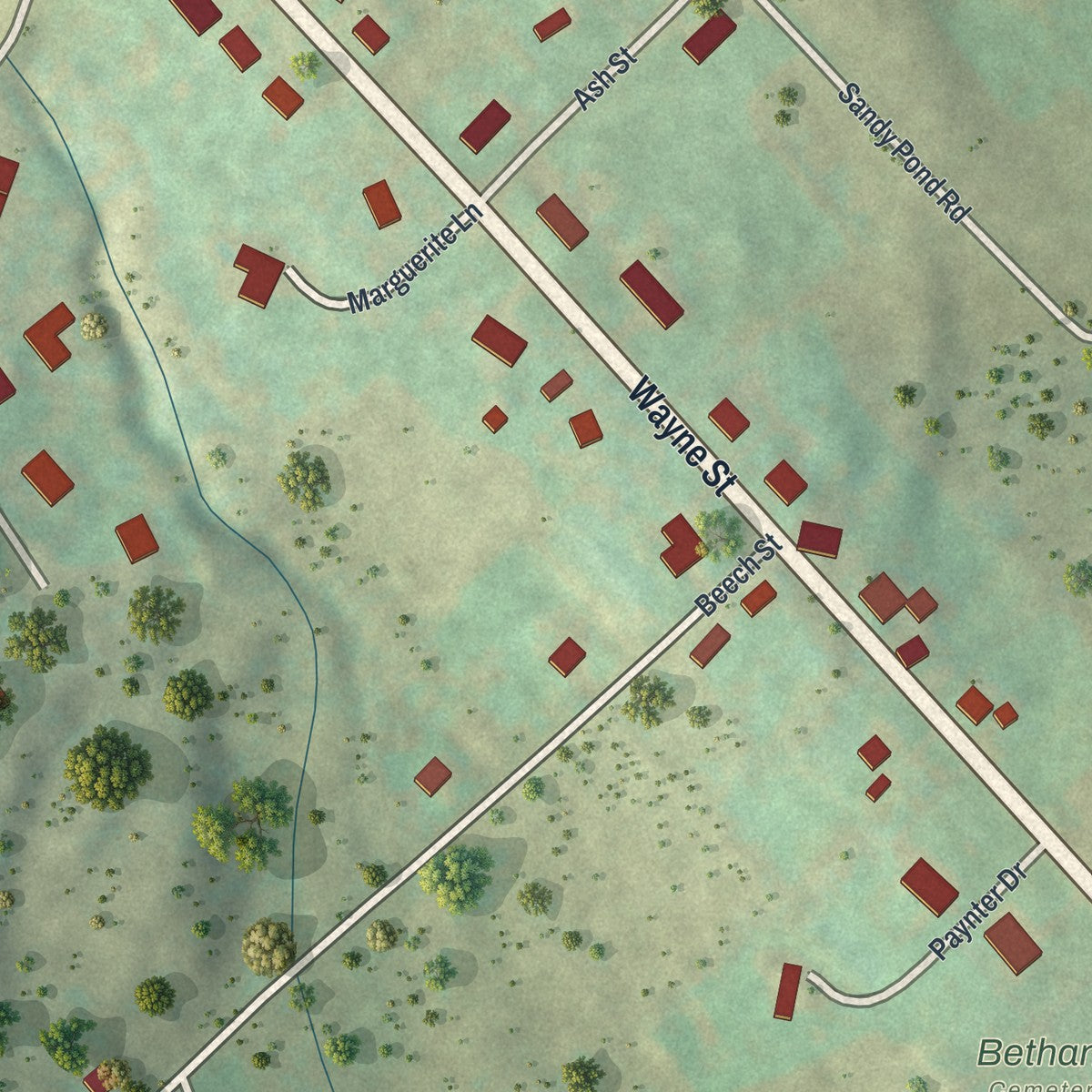 Second close-up of the map of Bethany, Pennsylvania print showing more streets and buildings