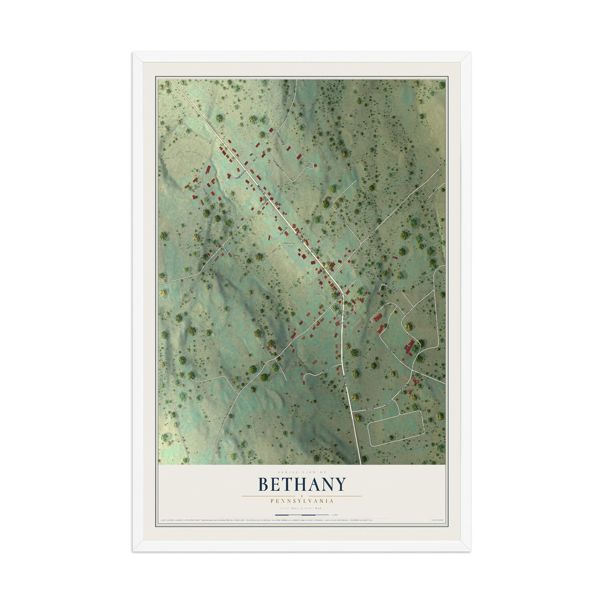Map of Bethany, Pennsylvania, 12 x 18 inch print in a white wood frame