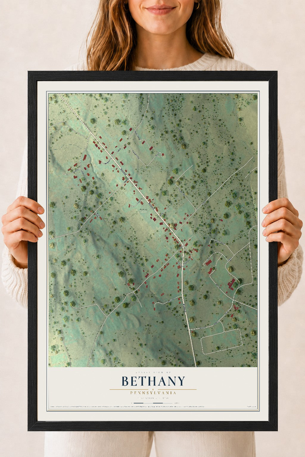 Map of Bethany, Pennsylvania, 18 x 24 inch print in a black wood frame