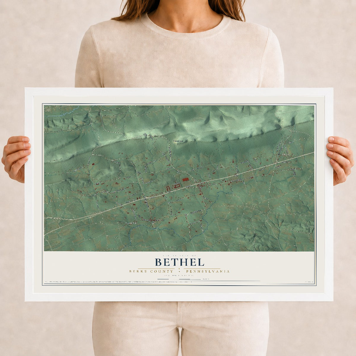 Map of Bethel, Berks County, Pennsylvania, 12 x 18 inch print in a white wood frame
