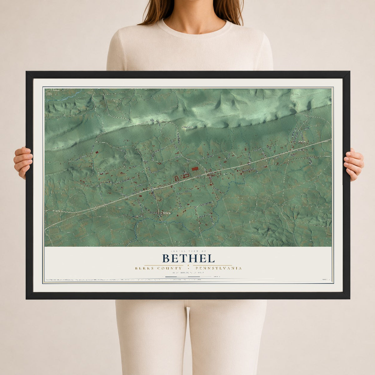 Map of Bethel, Berks County, Pennsylvania, 24 x 36 inch print in a black wood frame