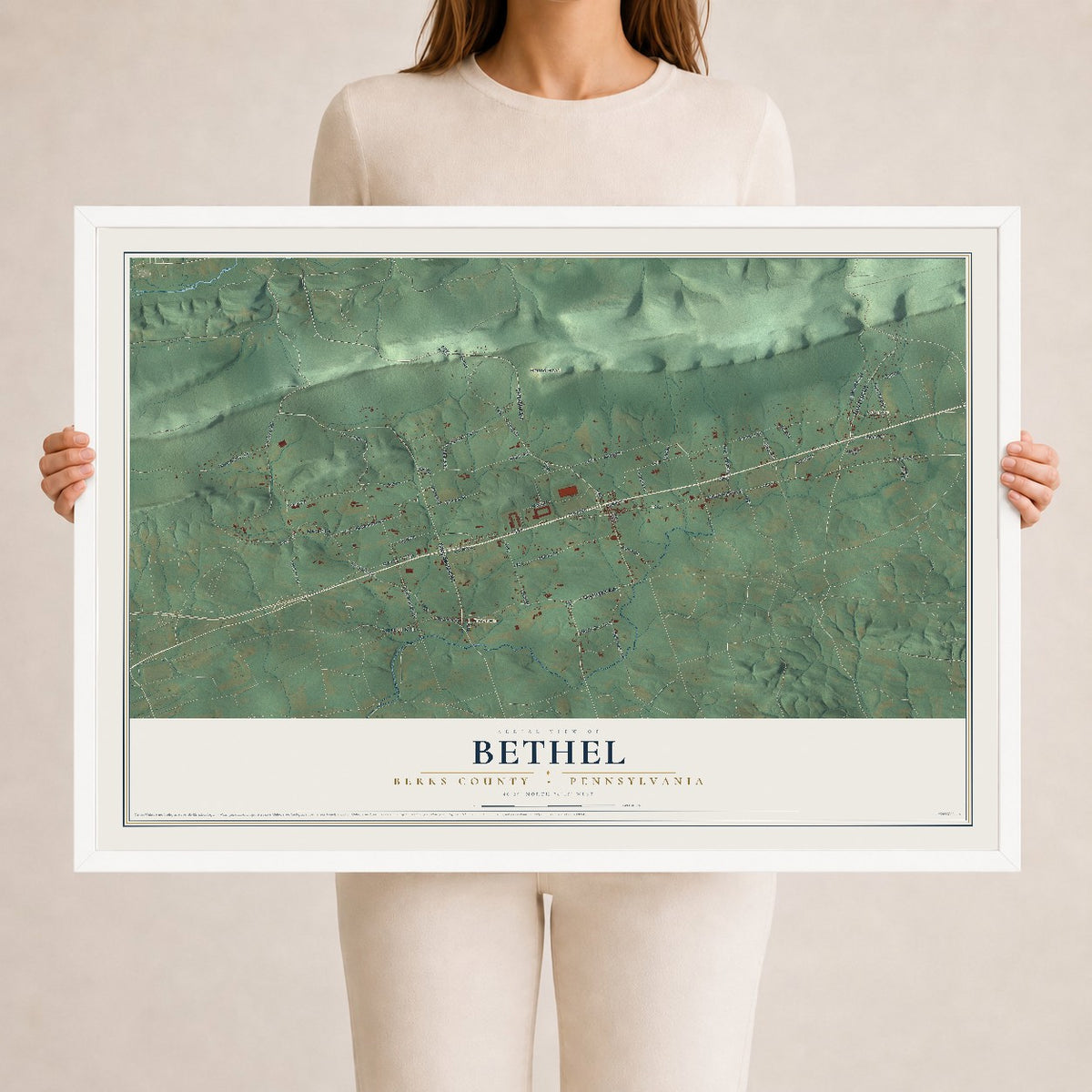 Map of Bethel, Berks County, Pennsylvania, 24 x 36 inch print in a white wood frame
