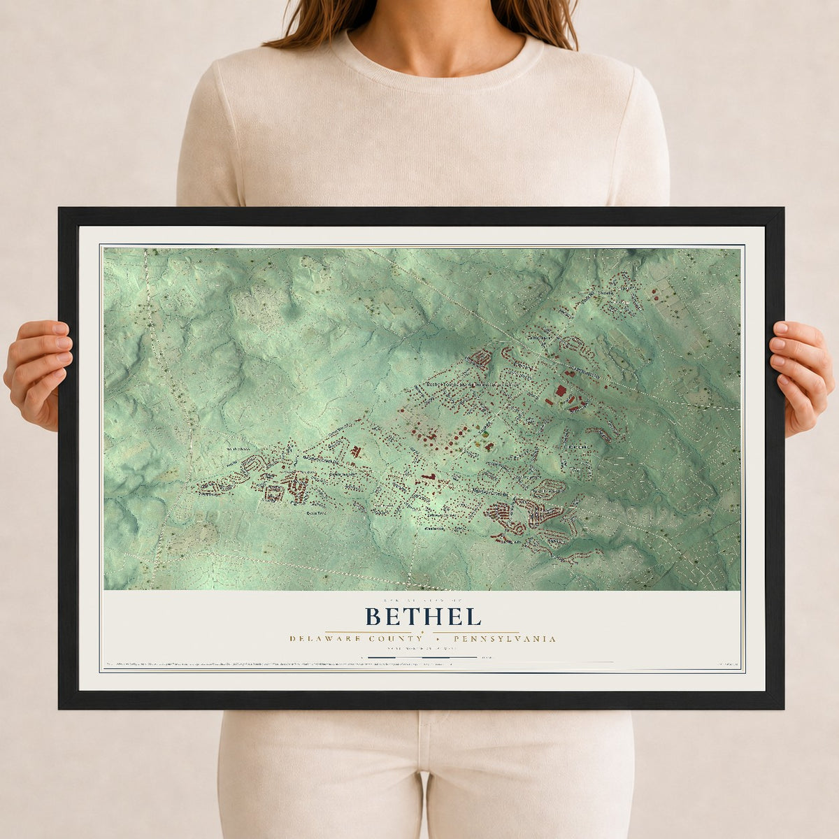 Map of Bethel, Delaware County, Pennsylvania, 12 x 18 inch print in a black wood frame