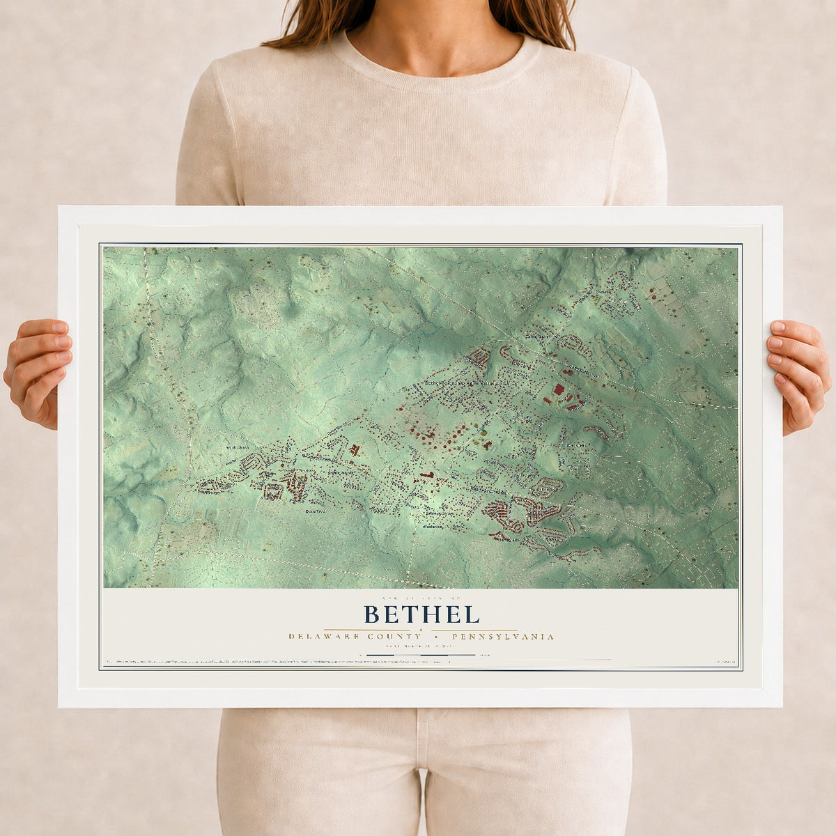 Map of Bethel, Delaware County, Pennsylvania, 12 x 18 inch print in a white wood frame