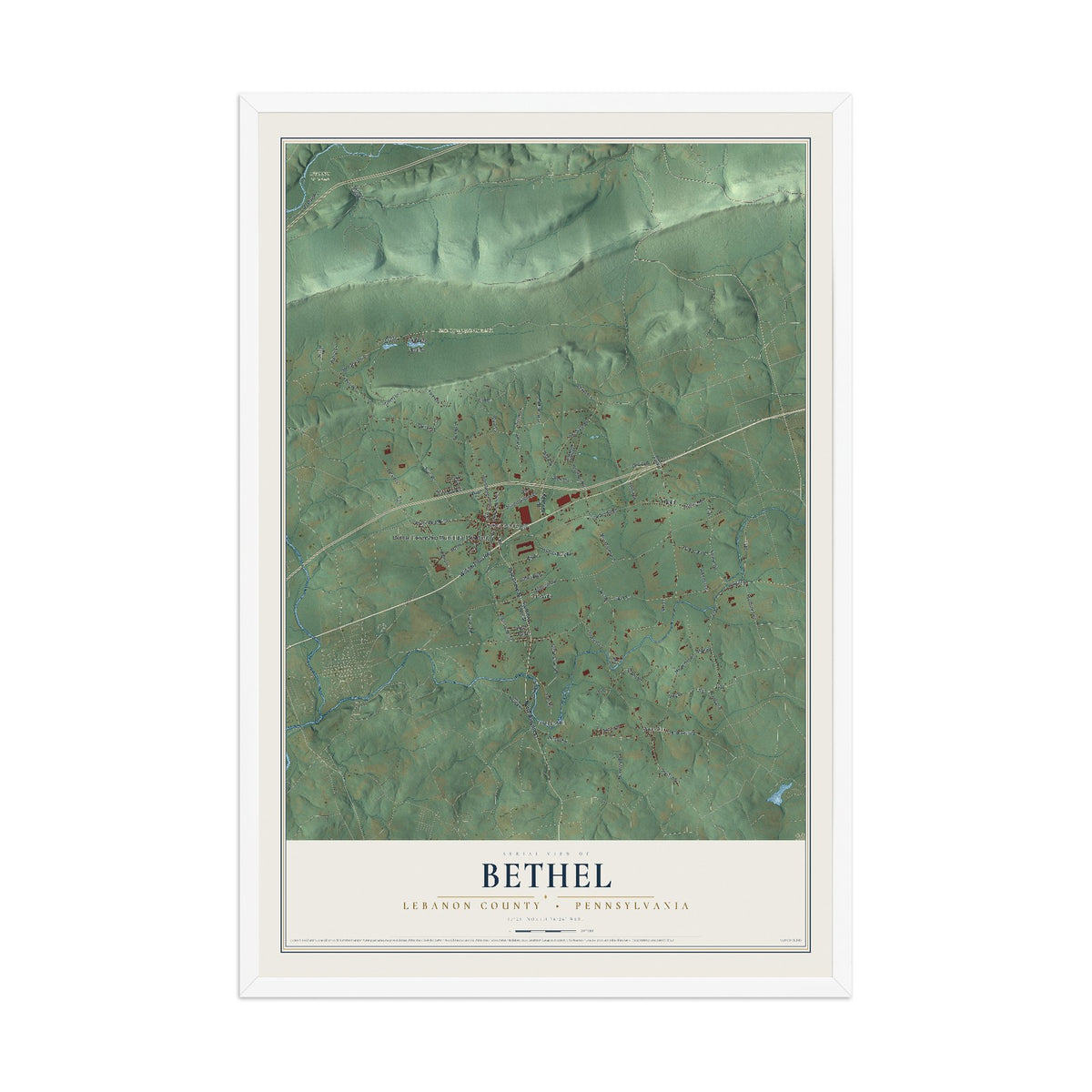 Map of Bethel, Lebanon County, Pennsylvania, 12 x 18 inch print in a white wood frame