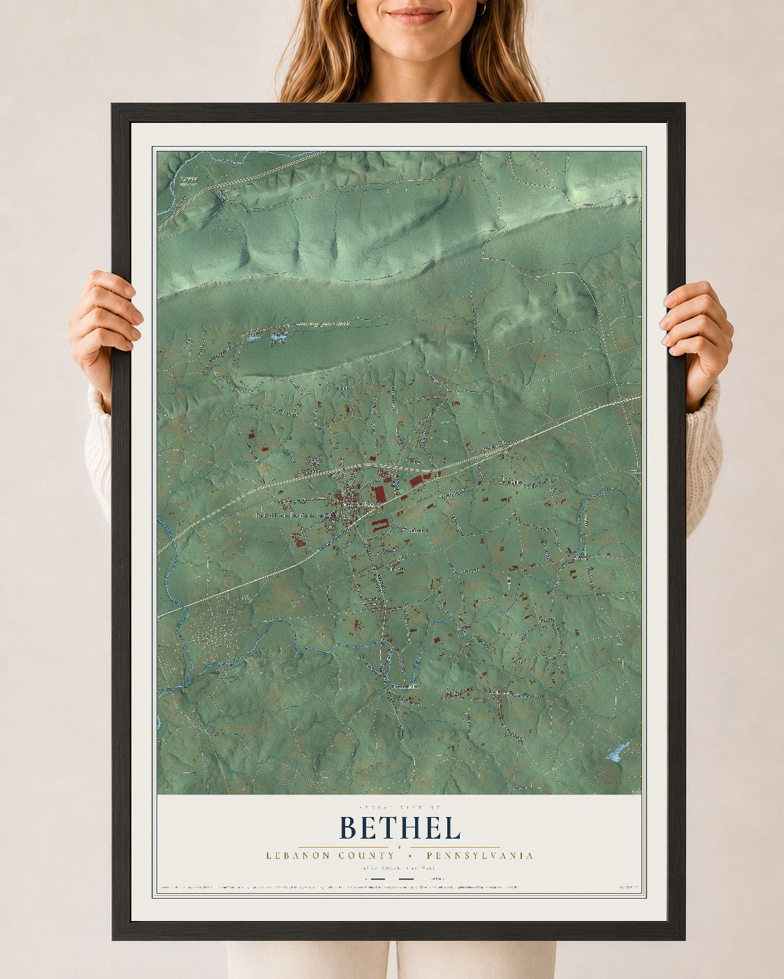 Map of Bethel, Lebanon County, Pennsylvania, 24 x 36 inch print in a black wood frame