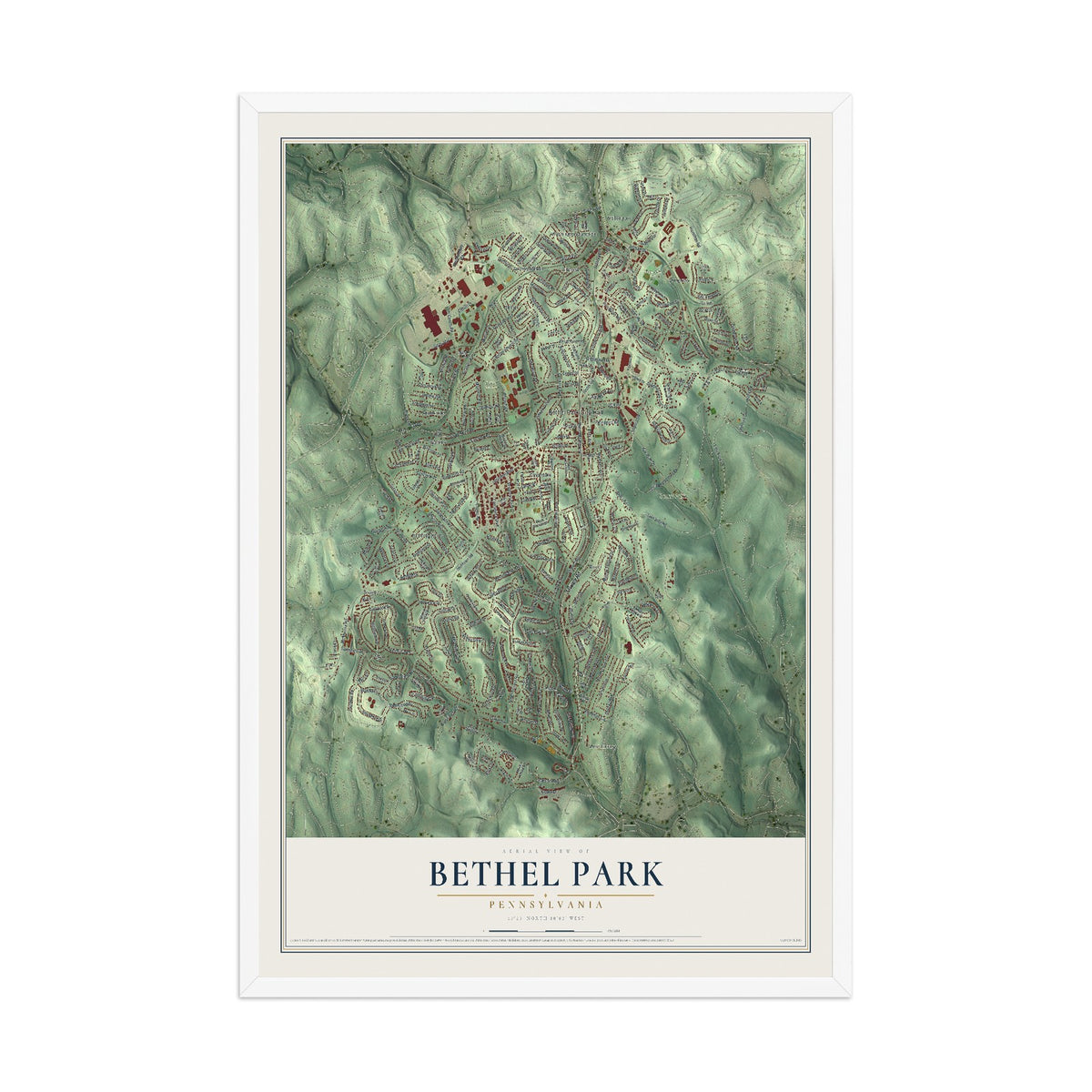 Map of Bethel Park, Pennsylvania, 12 x 18 inch print in a white wood frame